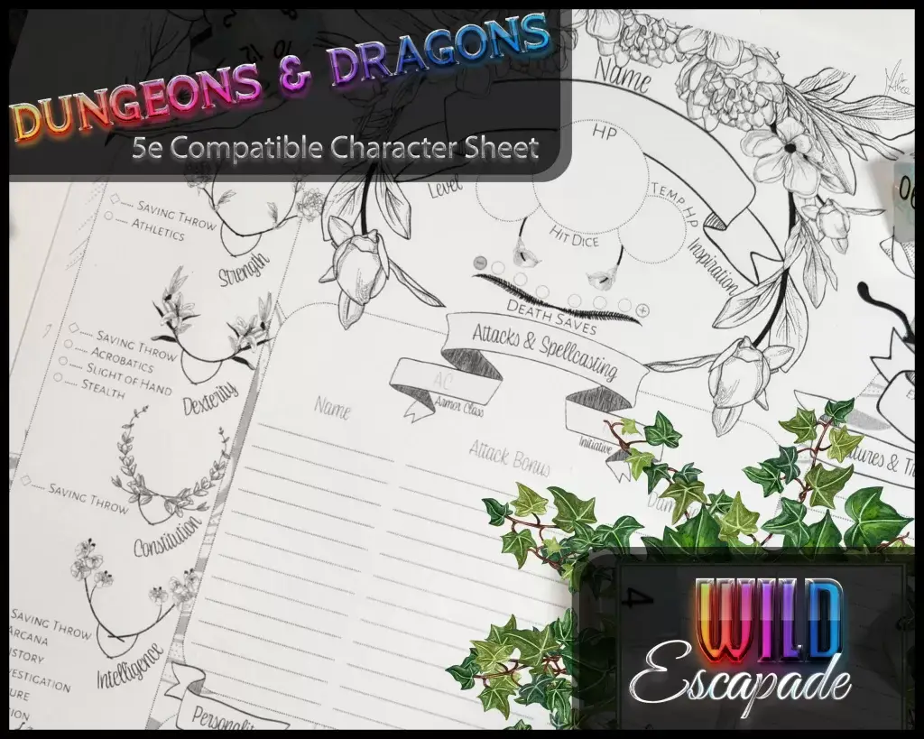 Dungeons & Dragons 5E (D&D 5E) character sheet in black and white for easy printing. There is a form-fillable digital version included, too! The character sheet is called Wild Escapade.