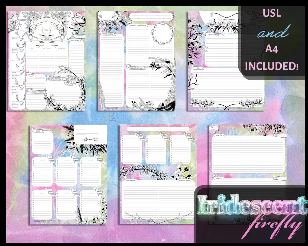 Dungeons & Dragons 5E (D&D 5E) character sheet in beautiful blue, pink, and yellow tones! This one is called Iridescent Firefly, and is available in the pack.