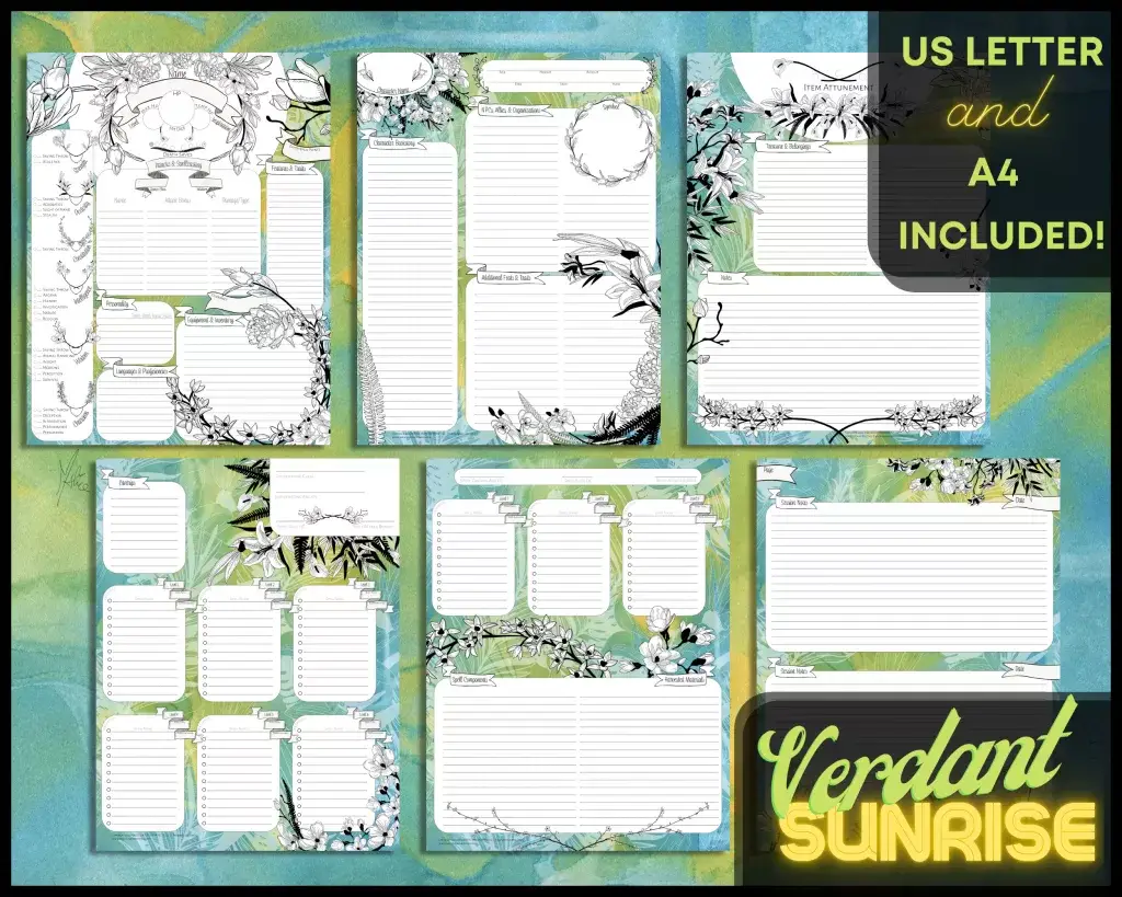 Dungeons & Dragons 5E (D&D 5E) character sheet in beautiful blue and green tones! This one is called Verdant Sunrise.